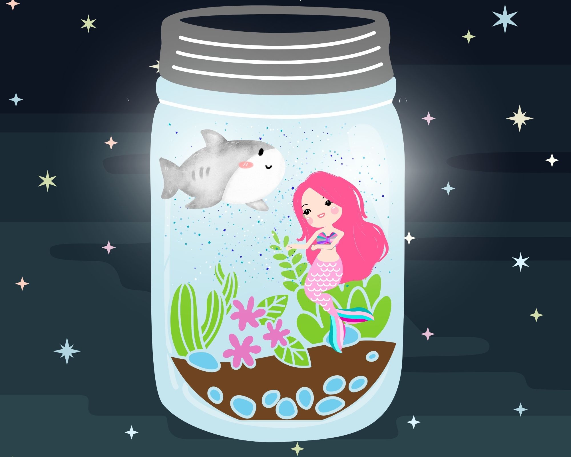 illustration of a mason jar aquarium night light with mermaid and shark toys