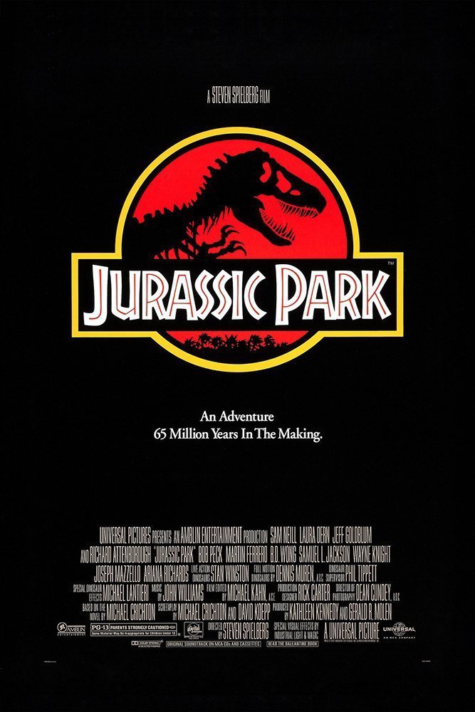 original poster of 1993 film Jurassic Park with black background and silhouette of t-rex on red circle
