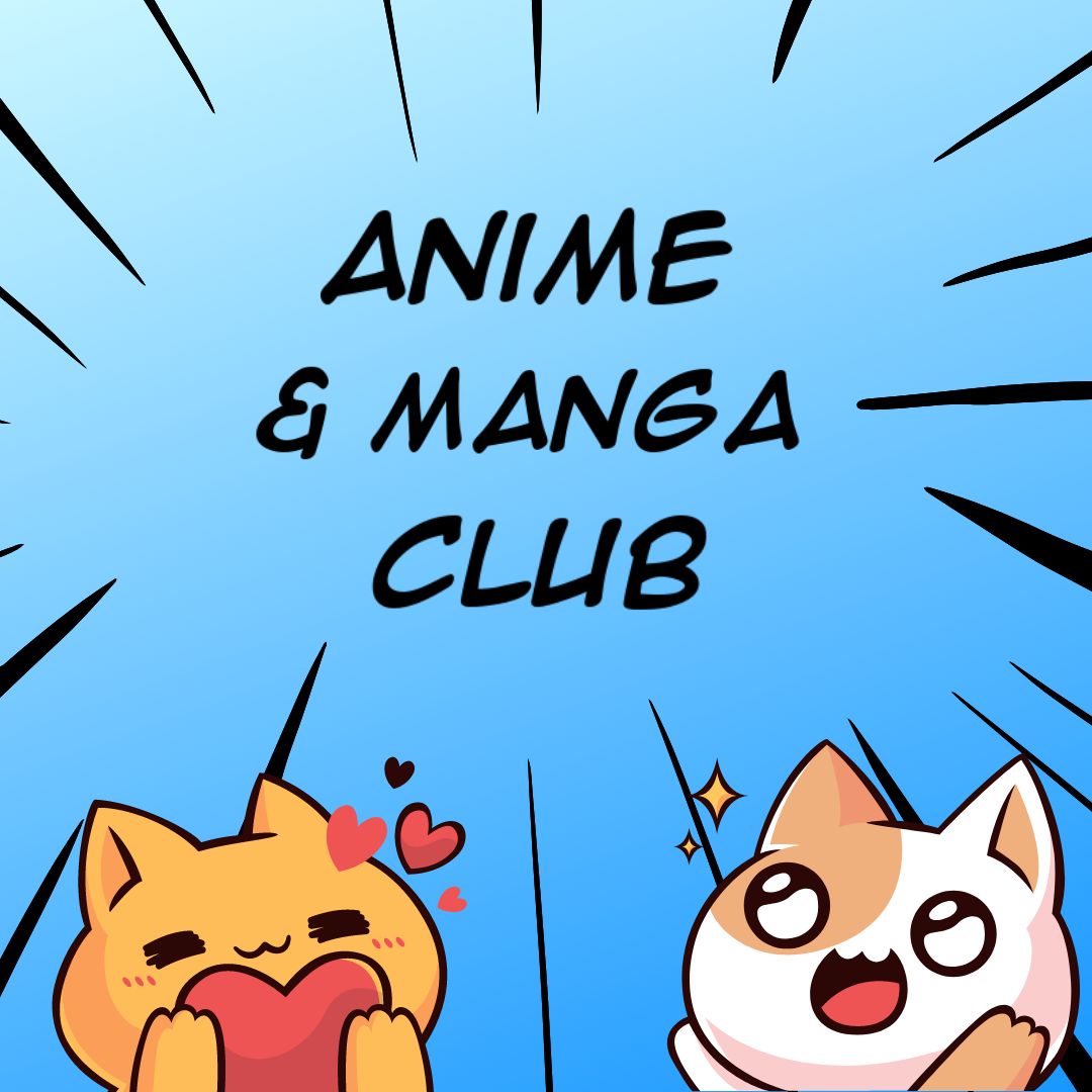 picture of two cats drawn in manga style with the text "anime and manga club" on blue background