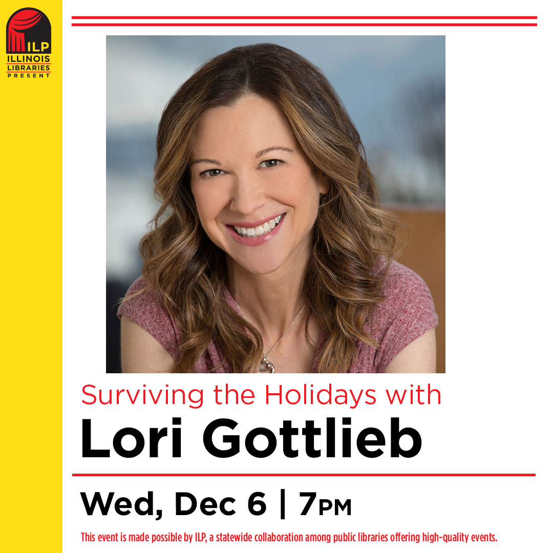 Yellow and White background with photo of Lori Gottlieb, with text that reads Survivng The Holidays with Lori Gottlieb, on Wednesday, December 6th at 7pm.