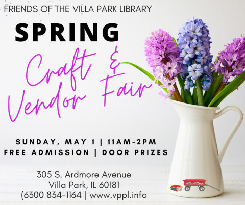 Image of a vase with purple flowers Friends of the Villa Park Library Spring Craft & Vendor Fair