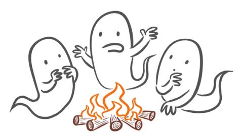 photo of three cartoon ghosts around campfire