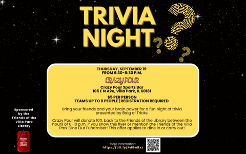 Trivia Night details with yellow question mark image and wagon logo