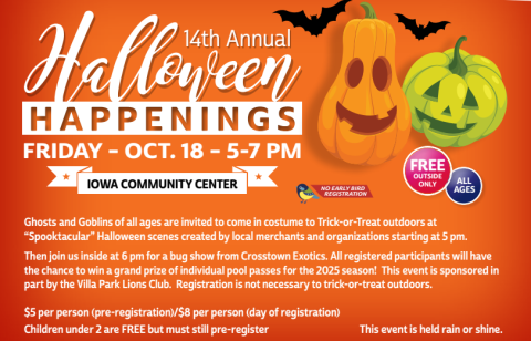 Image of Halloween Happenings event sponsored by the Villa Park Parks and Recreation Department contains picture of pumpkins, bats, and details about the event.