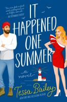 ID: Book cover of It Happened One Summer: a novel by Tessa Bailey. On a dark blue background, a man stands with his arms crossed, in jeans a white long-sleeve tee and a beanie. Opposite him, a woman stands in a short red dress, with one hand on her hip. A small red and white lighthouse sits in the background between them. 