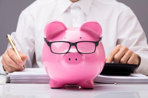 Pink piggy bank with black frame glasses in front of person in white shirt at table