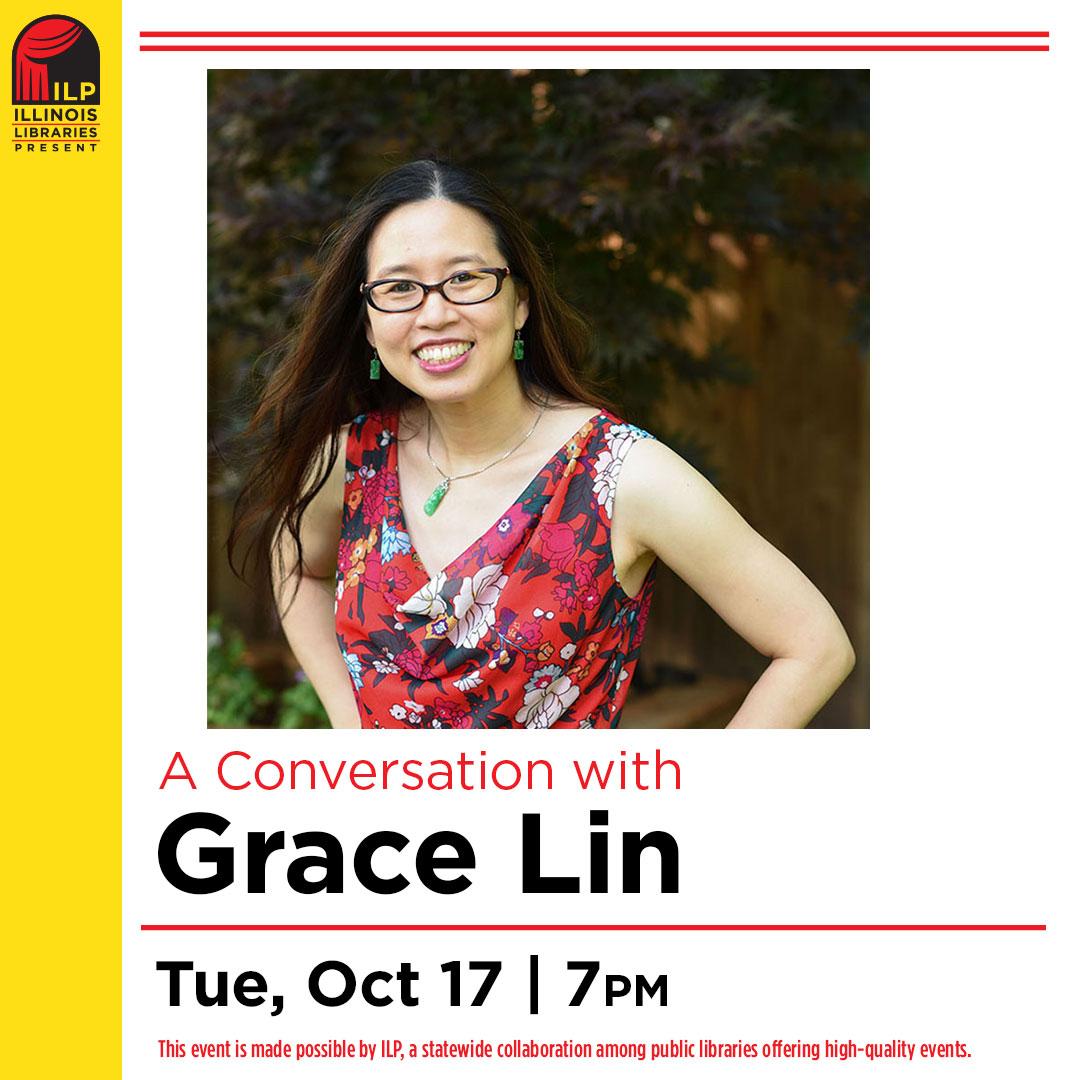 Yellow and White background with photo of Grace Lin, children's author. Test reads Food, Family, and Folktales: A Conversation with Grace Lin, Tuesday, October 17th, at 7pm.