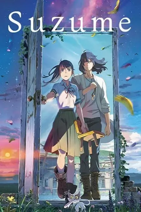 Suzume movie poster with two people coming through doorway