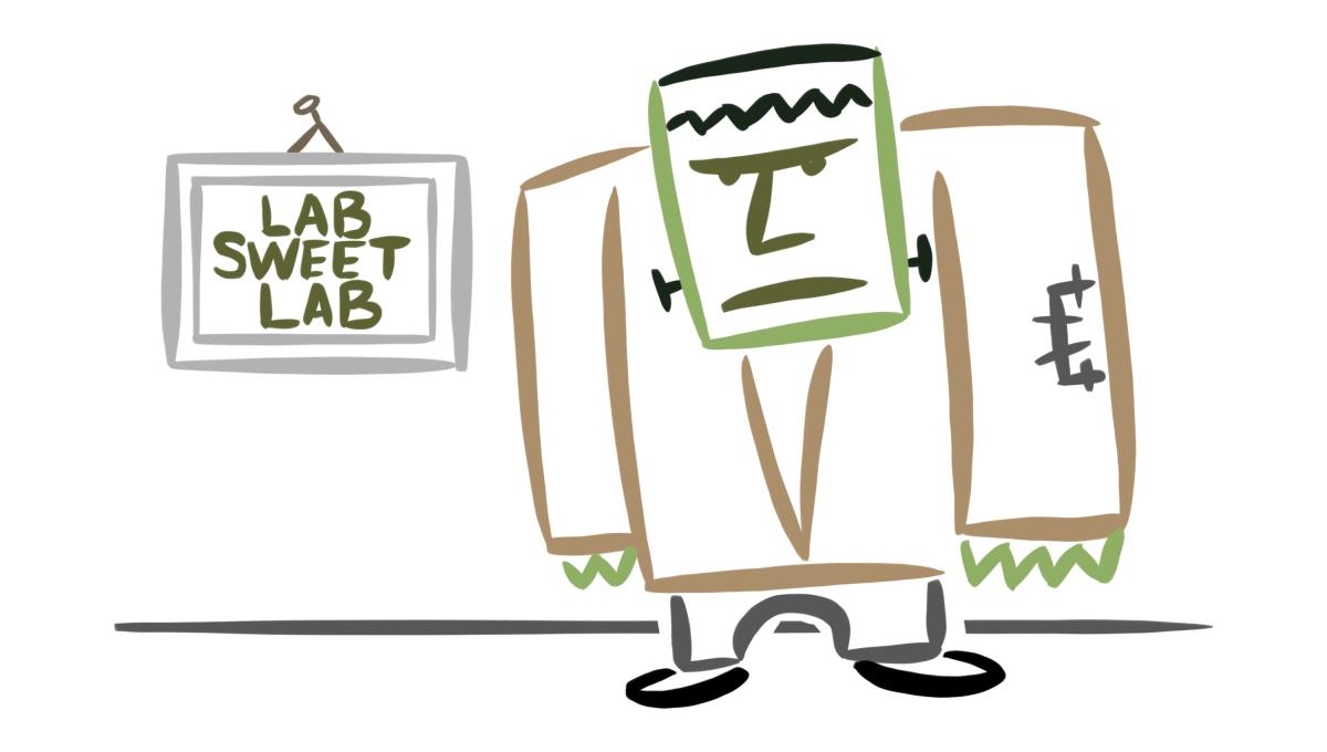 Frankenstein creature next to a wall with sign reading "Lab Sweet Lab"