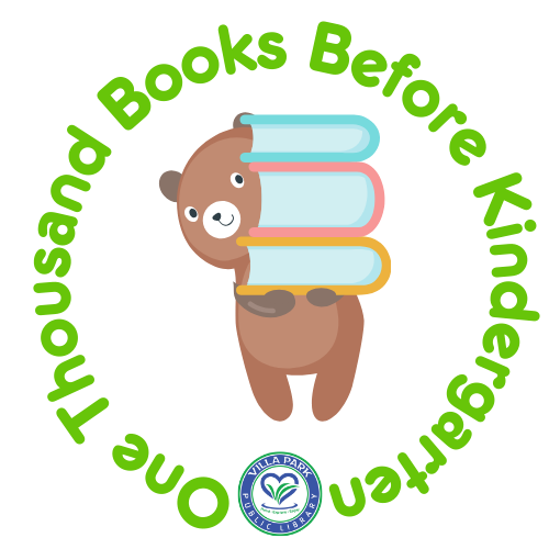VPPL 1000 Books Before Kindergarten round logo with brown cartoon bear holding stack of books
